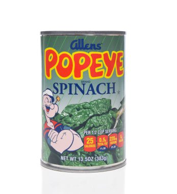 IRVINE, CALIFORNIA - APRIL 5, 2018: A can of Allens Popeye Spinach. Allens produces a line of the canned vegetable using the popular cartoon character known for his love of Spinach. clipart