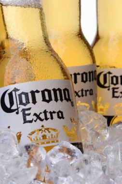 Irvine, Ca - 30 Mayıs 2014: Closeup Corona ilave bira şişeleri buz. Corona Grupo Modelo, Anheuser-Busch InBev gelen ABD'de en popüler ithal bira olduğunu.