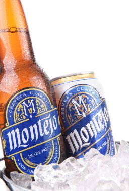 IRVINE, CALIFORNIA - AUGUST 26, 2016: Montejo Beer in Ice Bucket. Montejo was founded in 1900 by Jose Ponce Solis in Merida, Yucatan, Mexico. clipart