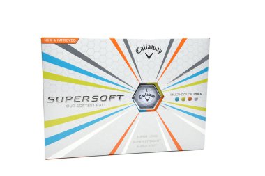 IRVINE, CA - MAY 31, 2017: Callaway Super Soft Golf Balls. A dozen count box of colorful balls from the Carlsbad, California sporting goods company. clipart