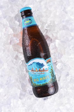 Irvine, California - 16 Şubat 2017: Kona Brewing Company büyük dalga altın Ale. Bira Kailua-Kona Hawaii büyük ada üzerinde yer alır.