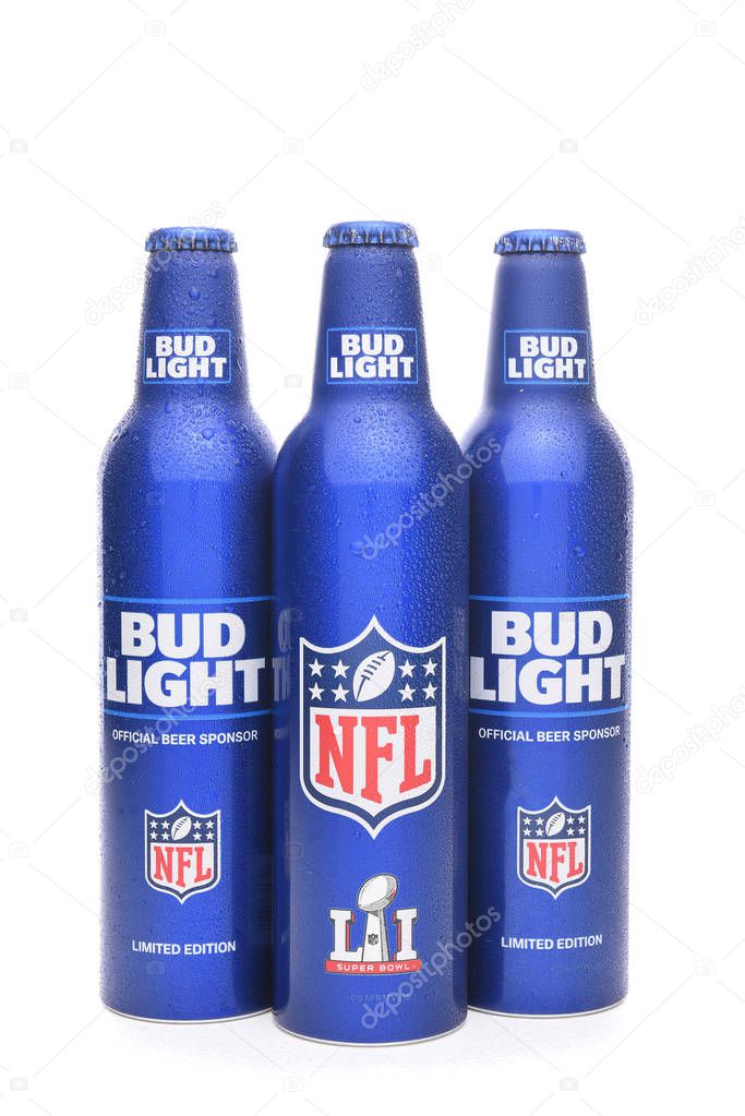 IRVINE, CALIFORNIA - JANUARY 22, 2017: Bud Light Aluminum Bottles. The resealable bottles feature the NFL and Super Bowl LI logos.