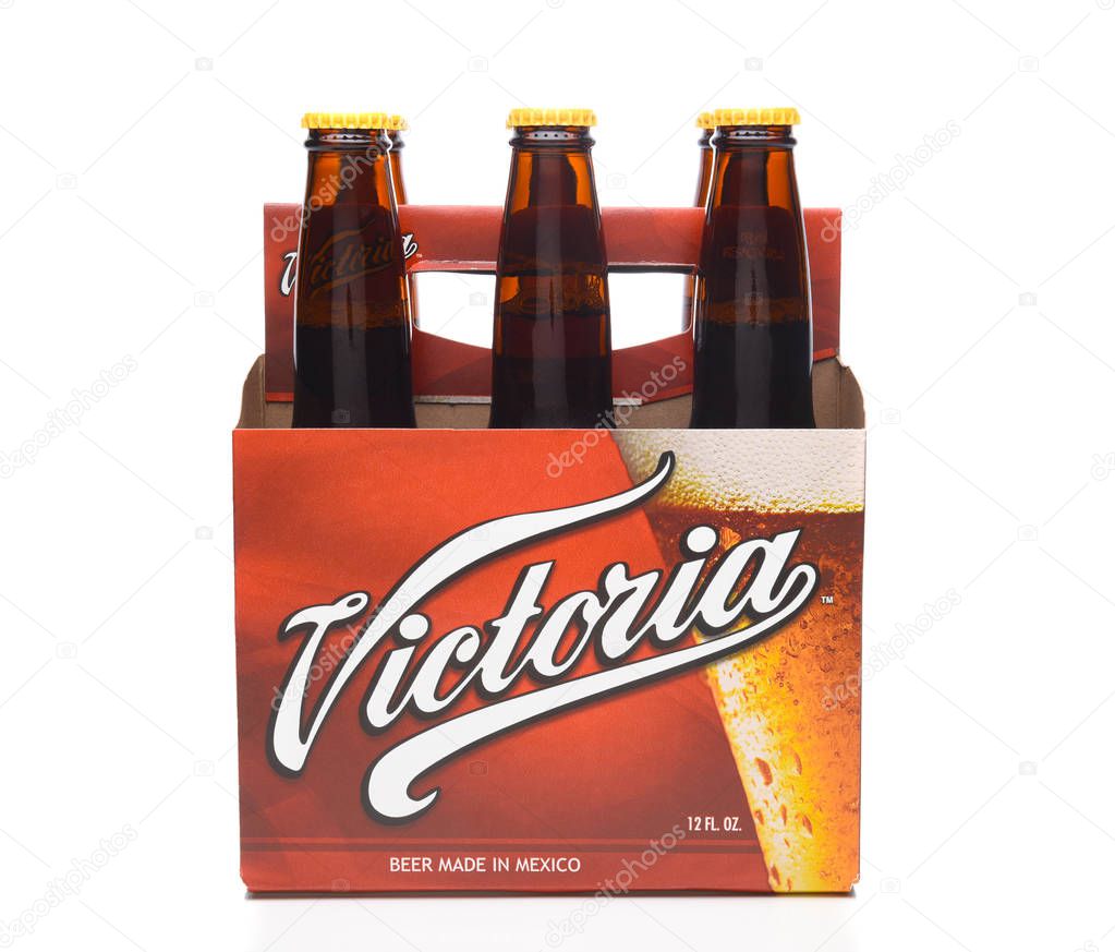 IRVINE, CALIFORNIA - DECEMBER 14, 2017: 6 pack of Victoria Beer Bottles side view. Mexicos oldest beer brand. Victoria has been brewed consistently as a Vienna style lager for 145 years.