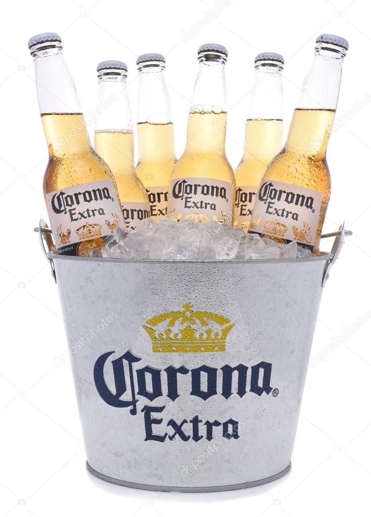 IRVINE, CALIFORNIA -NOVEMBER 27, 2017: Bucket of Corona Extra Beer Bottles. Corona is the most popular imported beer in the USA.