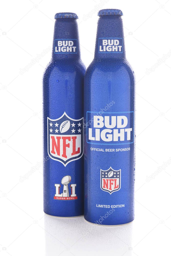 IRVINE, CALIFORNIA - JANUARY 13, 2017: Bud Light Aluminum Bottles. The resealable bottles feature the NFL and Super Bowl LI logos.