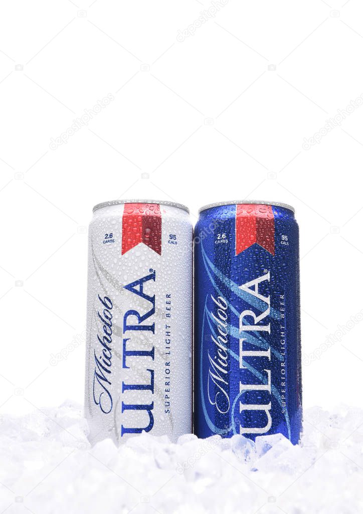 IRVINE, CA - AUGUST 6, 2018: Two Michelob Ultra beer 12 ounce cans in ice. A a low carb and low calorie light beer from Anheuser-Busch.