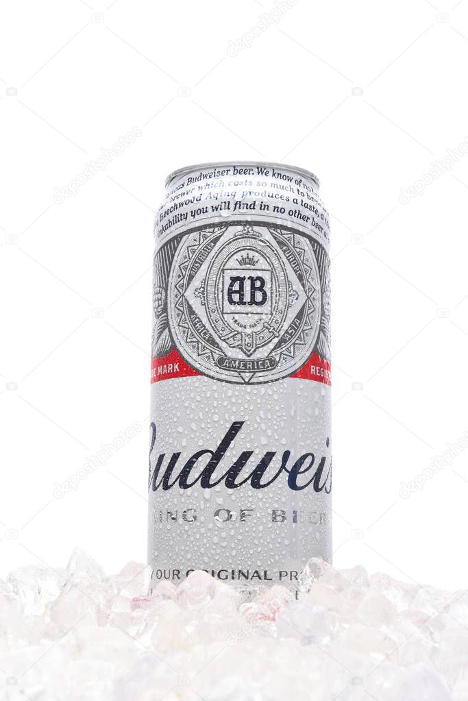 IRVINE, CALIFORNIA - MARCH 21, 2018: A 25 ounce king can of Budweiser Beer in ice. Introduced in 1876 by Adolphus Busch and has become one of the best selling beers in the U. S.