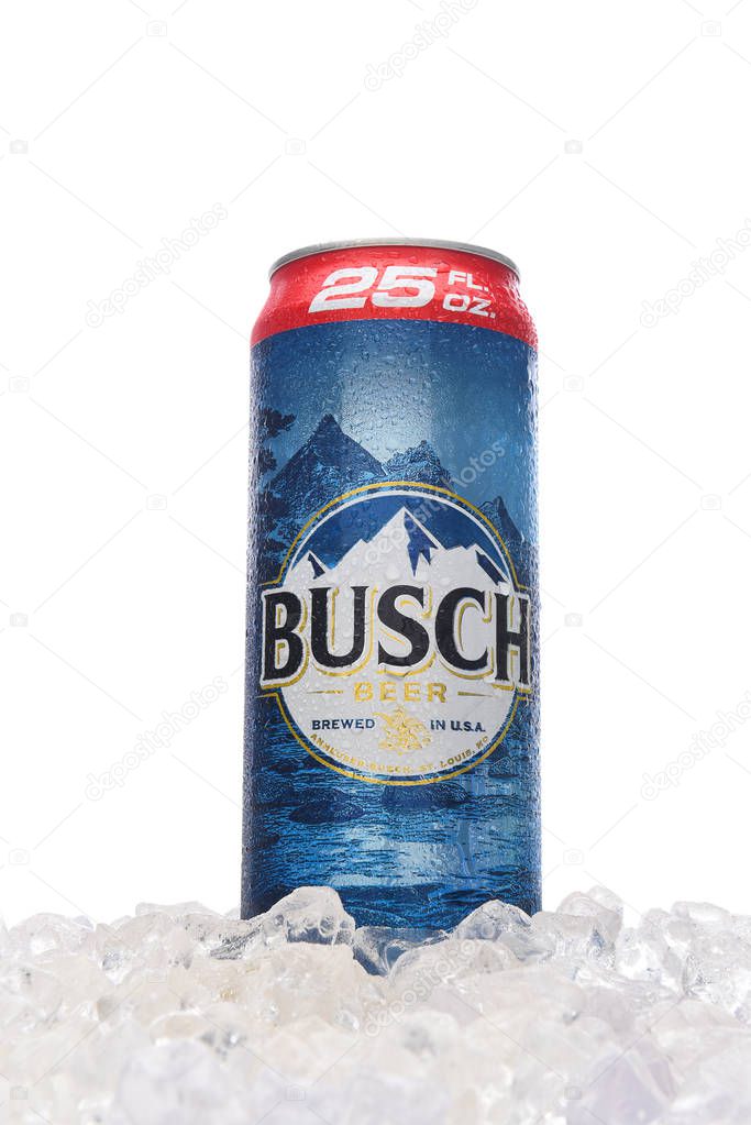 IRVINE, CALIFORNIA - MARCH 21, 2018: A 25 ounce King Can of Busch Beer in ice. An economy brand pale lager introduced in 1955 as Busch Bavarian Beer.