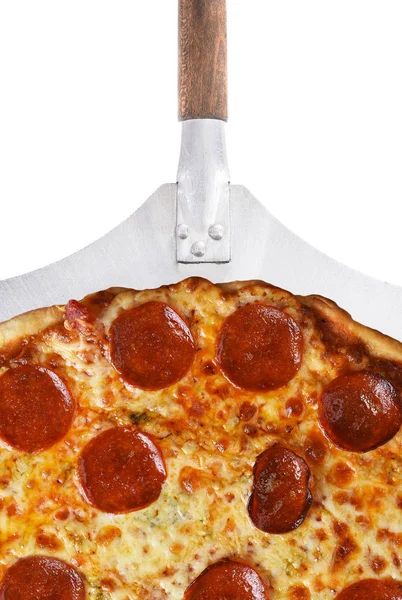 Pepperoni Three Cheese Pizza on a Peel Closeup — Stock Photo, Image