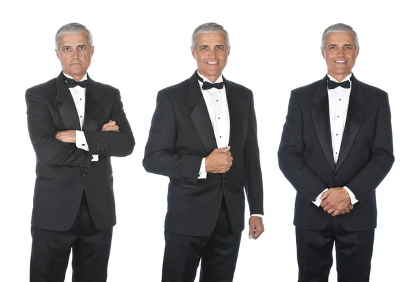 Three Views Mature Man Wearing Tuxedo Different Poses Expressions — Stock Photo, Image