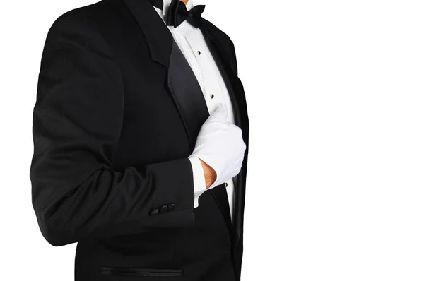 Primer plano el perfil de un hombre que llevaba un esmoquin blanco y negro guantes holdi —  Fotos de Stock