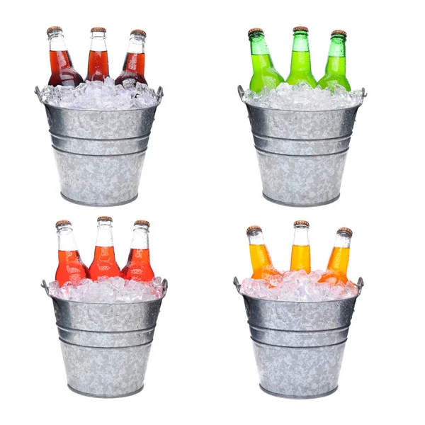 Four Ice Buckets Filled Three Soda Bottles Each Pail Has — Stock Photo, Image