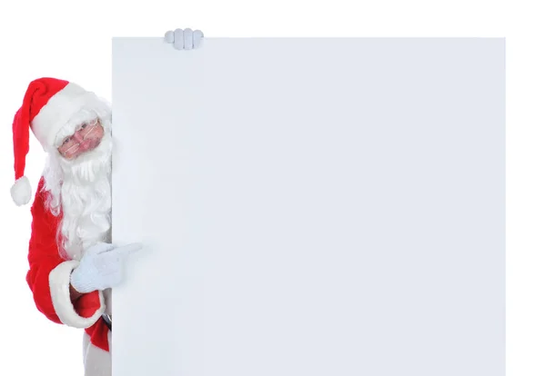 Санта Клаус Стороне Широкий Пустой Плакат Указывая Пустое Пространство Изолированные — стоковое фото