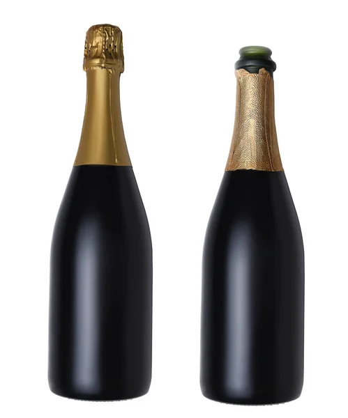 Two Champagne Bottles Isolated White Both Have Label One Open — Stock Photo, Image