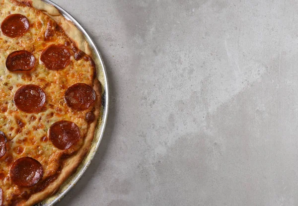 Top View Homemade Pizza Gray Table Copy Space — Stock Photo, Image