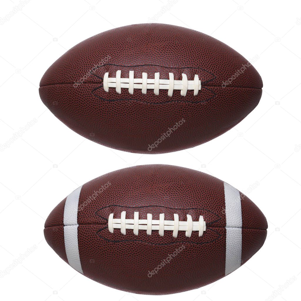 Two American Style Footballs on white. One pro style and one college with stripes isolated on white.