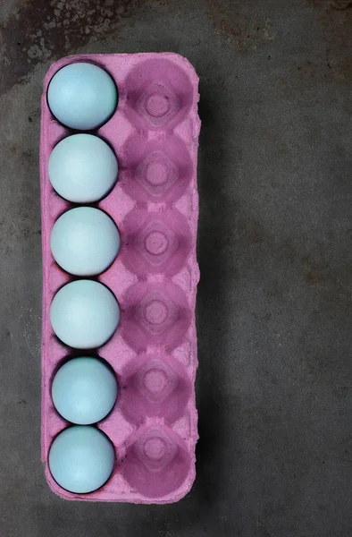 Ostereier Ein Karton Mit Sechs Pastellblau Gefärbten Eiern Mit Platz — Stockfoto