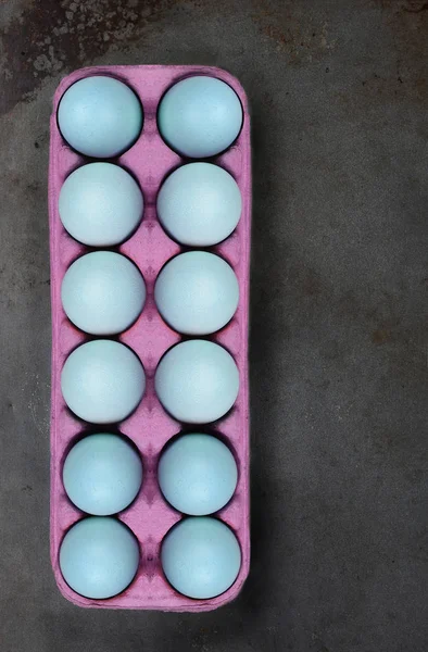 Easter Eggs Dozen Pastel Blue Dyed Eggs Carton Metal Baking — Stock Photo, Image