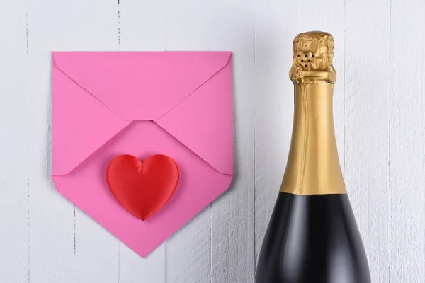 Valentines Day Concept Bottle Champagne Pink Envelope Red Heart — Stock Photo, Image