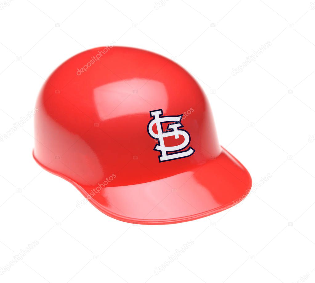IRVINE, CALIFORNIA - FEBRUARY 27, 2019:  Closeup of a mini collectable batters helmet for the St. Louis Cardinals of Major League Baseball.