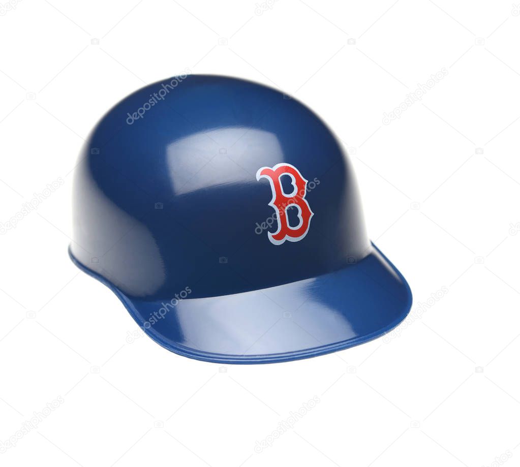 IRVINE, CALIFORNIA - FEBRUARY 27, 2014:  Closeup of a mini collectable batters helmet for the Boston Red Sox of Major League Baseball.