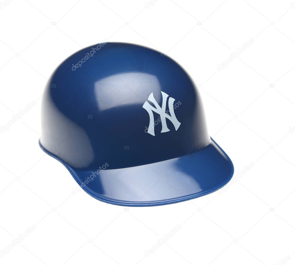 IRVINE, CALIFORNIA - FEBRUARY 27, 2019:  Closeup of a mini collectable batters helmet for the New York Yankees of Major League Baseball.