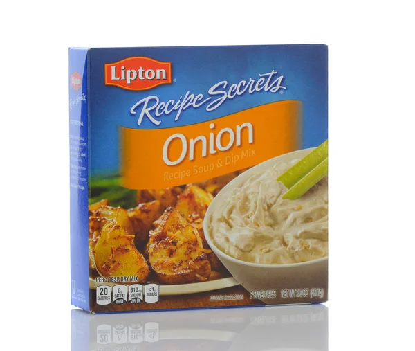 Egy doboz Lipton recept titkok hagymaleves és dip mix. — Stock Fotó