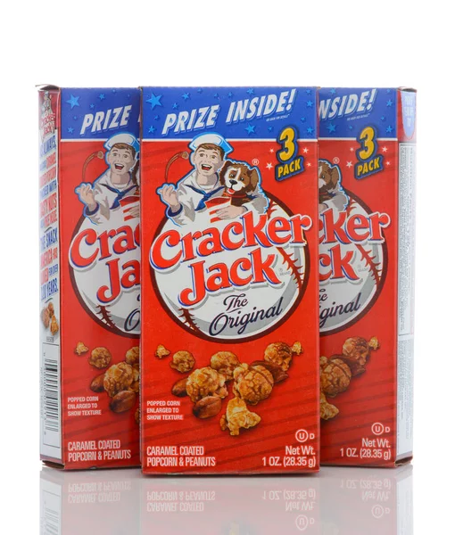 Three boxes of Cracker Jack snack consisting of molasses flavore — Stock Photo, Image