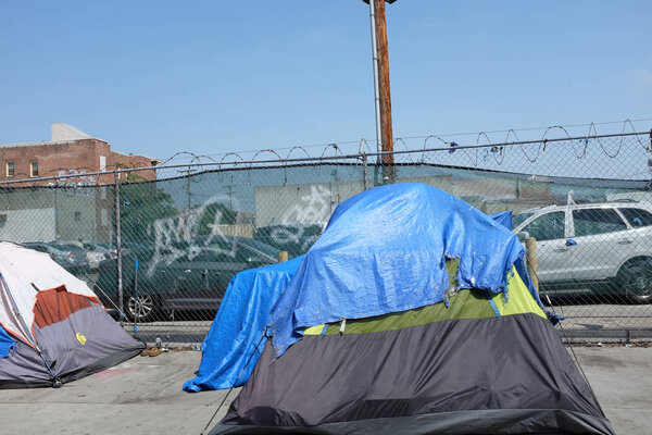 Tents set up by Homeless people on the sidewalk in the Skid Row 