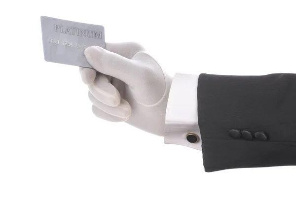 Formalna ręka w rękę posiadająca kartę kredytową na biało — Zdjęcie stockowe