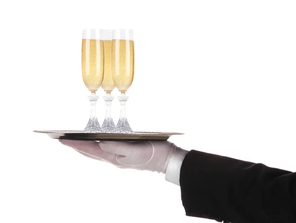 Waiter with three glasses of champagne bulb on tray isolated on — Stock Photo, Image