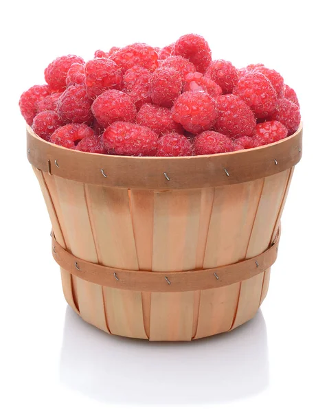 Uma cesta cheia de framboesas maduras vermelhas recém-colhidas sobre branco . — Fotografia de Stock