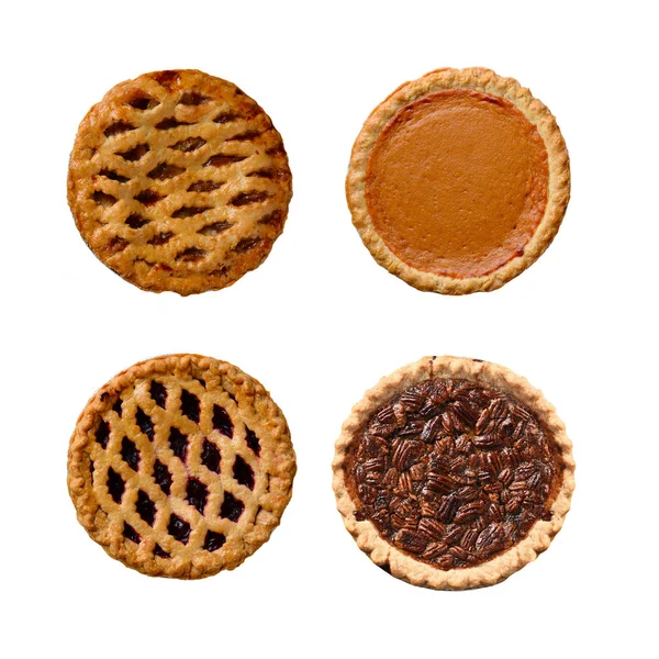 Fresh baked holiday pies Pumpkion, Apple, Pecan and Berry on whi — Stock Photo, Image