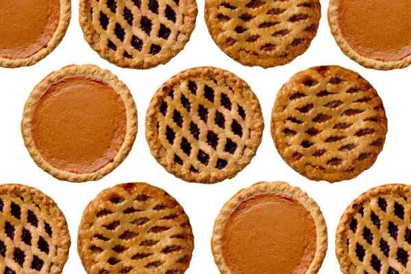 Overhead still life of fresh baked holiday pies on white — Stock Photo, Image