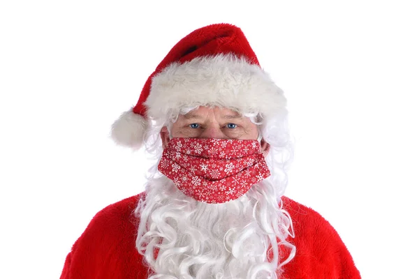 Porträt Des Weihnachtsmannes Mit Einer Selbstgebastelten Covid Maske Die Frau — Stockfoto