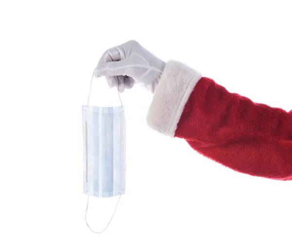Papai Noel Segurando Uma Máscara Cirúrgica Covid Sobre Fundo Branco — Fotografia de Stock