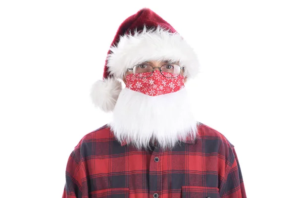 Closeup Man Wearing Red Flannel Shirt Santa Claus Hat Covid — Stock Photo, Image