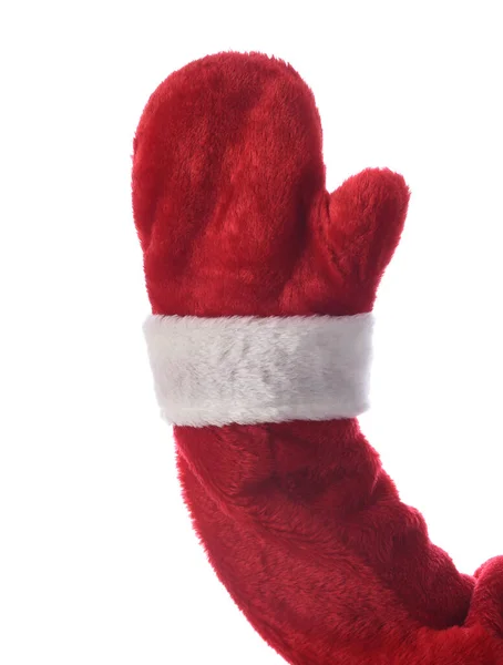 Närbild Santa Claus Arm Och Hand Röd Vante Isolerad Vitt — Stockfoto