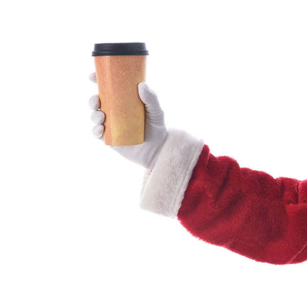 Weihnachtsmann Hand Und Arm Beim Einwegbecher Kaffee Über Weiß — Stockfoto