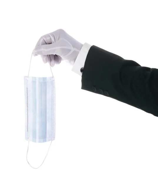 Tuxedo Sleeve White Gloved Hand Holding Covid Surgical Mask White — Stock Photo, Image