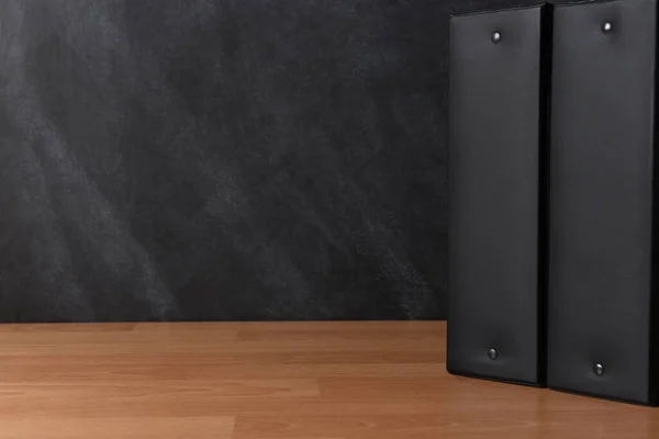 Two Black Binders Standing Teachers Desk Front Black Board — Stock Photo, Image