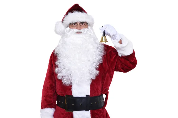 Starší Muž Tradičním Kostýmu Santa Clause Drží Zlatý Zvonek Zvonící — Stock fotografie