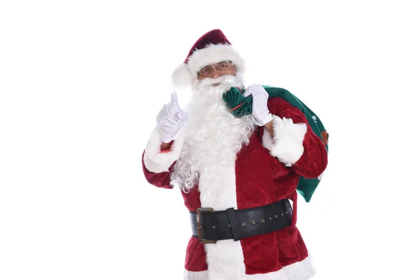 Starší Muž Tradičním Kostýmu Santa Clause Pytlem Hraček Přes Rameno — Stock fotografie
