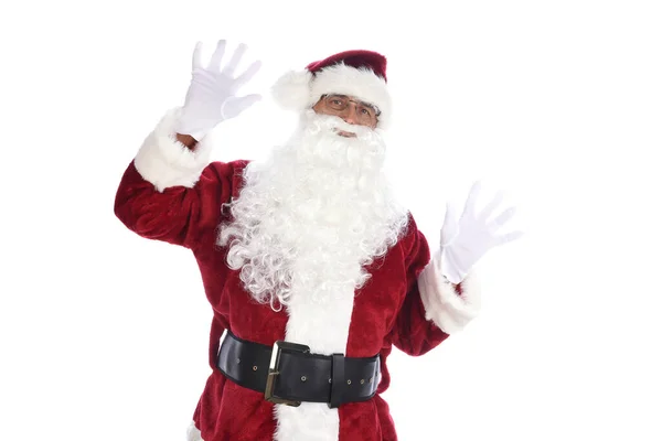 Senior Man Traditional Santa Claus Costume Hands Air Acting Surprised — Stock Photo, Image