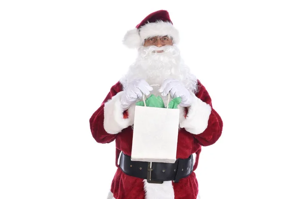 Starší Muž Tradičním Kostýmu Santa Clause Dárkovou Taškou Obou Rukou — Stock fotografie