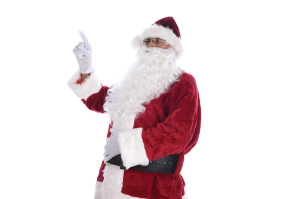 Side View Senior Man Traditional Santa Claus Costume Pointing One — Stock Photo, Image