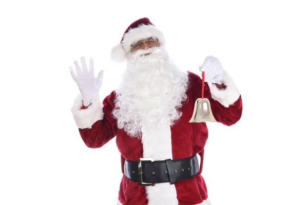 Senior Man Traditional Santa Claus Costume Holding Gold Bell Ornament — Stock Photo, Image