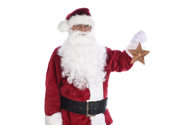 Senior Man Traditional Santa Claus Costume Holding Gold Star Ornament — Stock Photo, Image