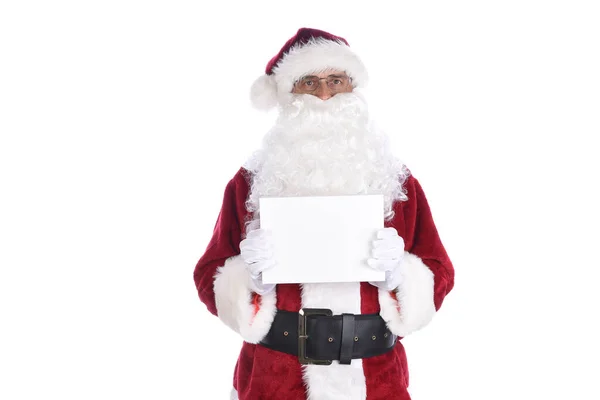 Senior Man Wearing Traditional Santa Claus Costume Holding Blank White — Stock Photo, Image