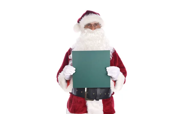 Hombre Mayor Con Traje Tradicional Papá Noel Sosteniendo Signo Verde —  Fotos de Stock